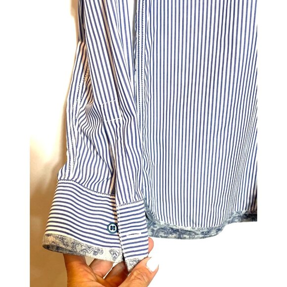 Robert Graham Blue Pinstripe Button Down Shirt Paisley Contrast Size Large - Picture 9 of 13